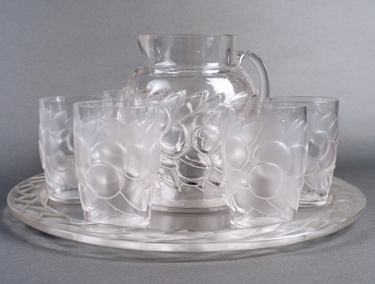 1931 René Lalique - Set  Blidah Glass - 6 Glasses, 1 Decanter, 1 Tray