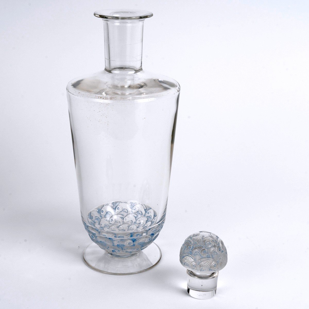 1931 René Lalique - Decanter Pouilly Fishes Glass With Blue Patina-photo-3