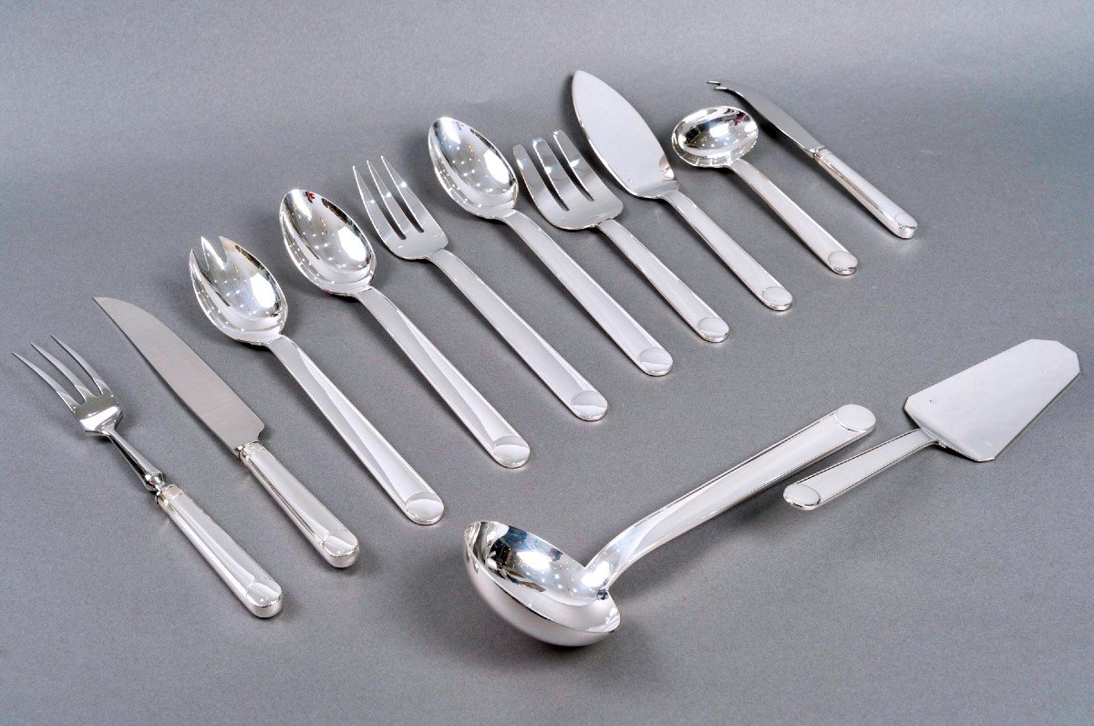 Jean Puiforcat - Art Deco Cutlery Flatware Set Normandy Silver Metal - 92 Pieces-photo-6