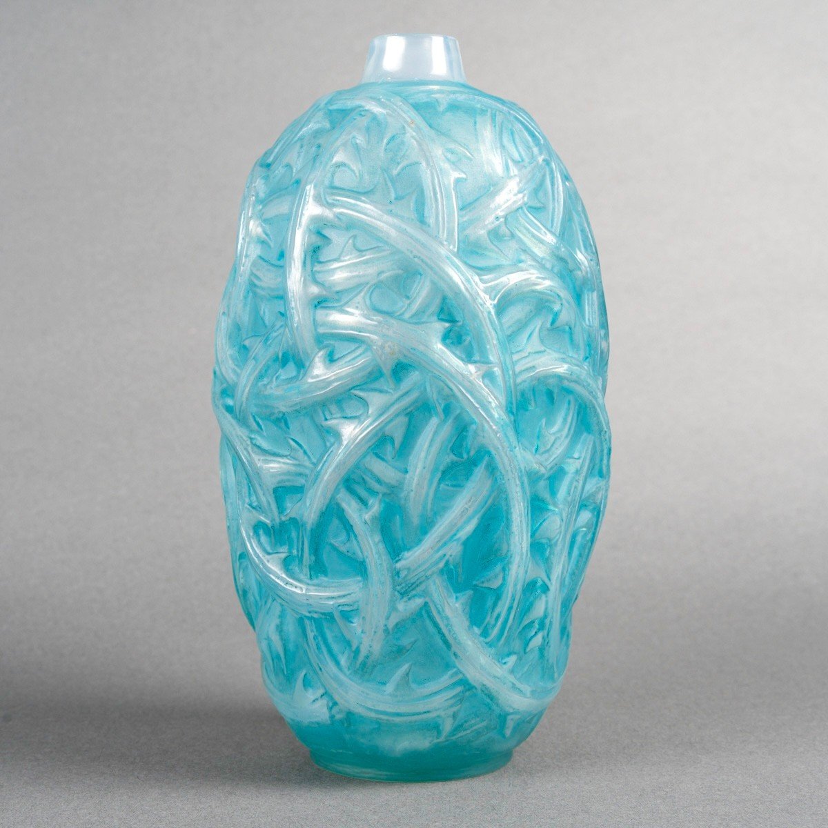 1921 René Lalique - Vase Ronces Verre Opalescent Patiné Bleu