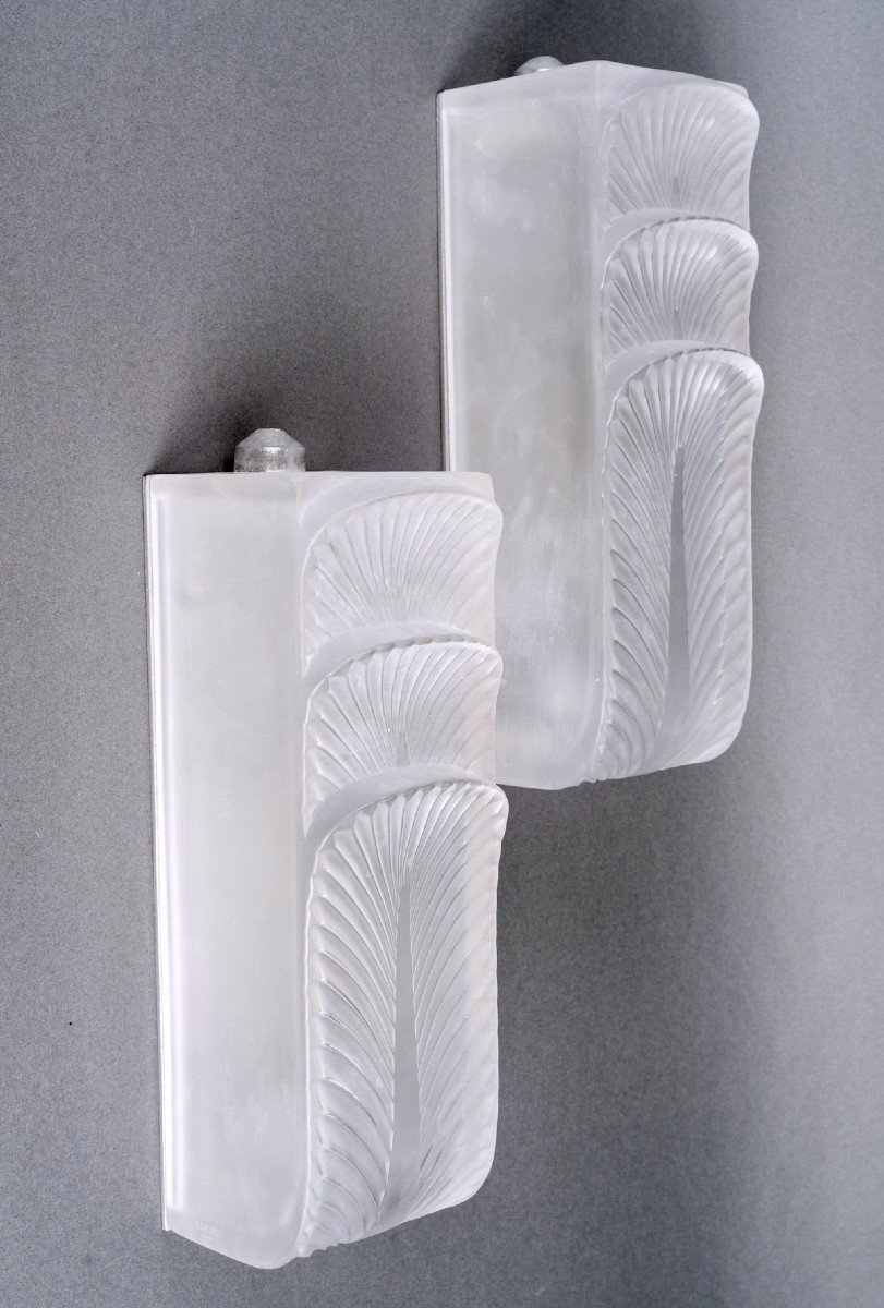 1935 René Lalique - Pair Of Art Deco Sconces Wall Lights Languedoc Glass-photo-2