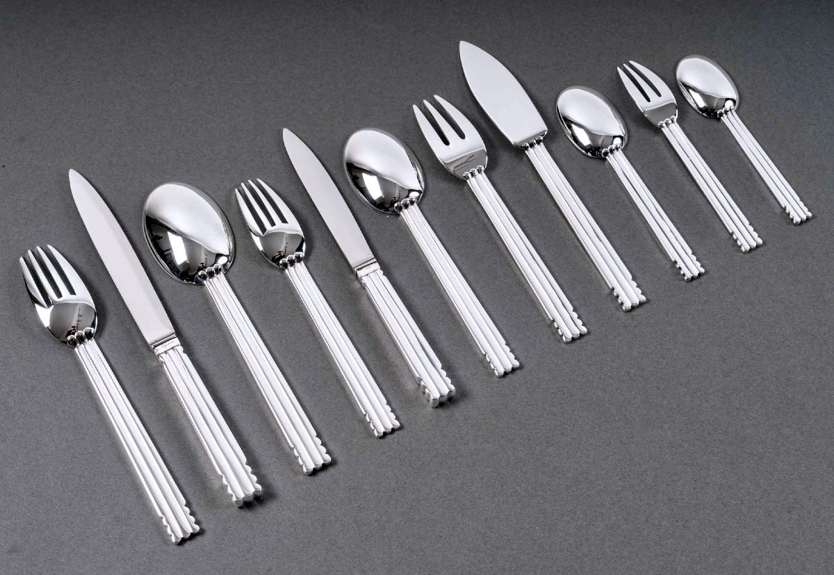 Puiforcat - Art Deco Cutlery Flatware Set Nantes Silver Metal - 98 Pieces-photo-2