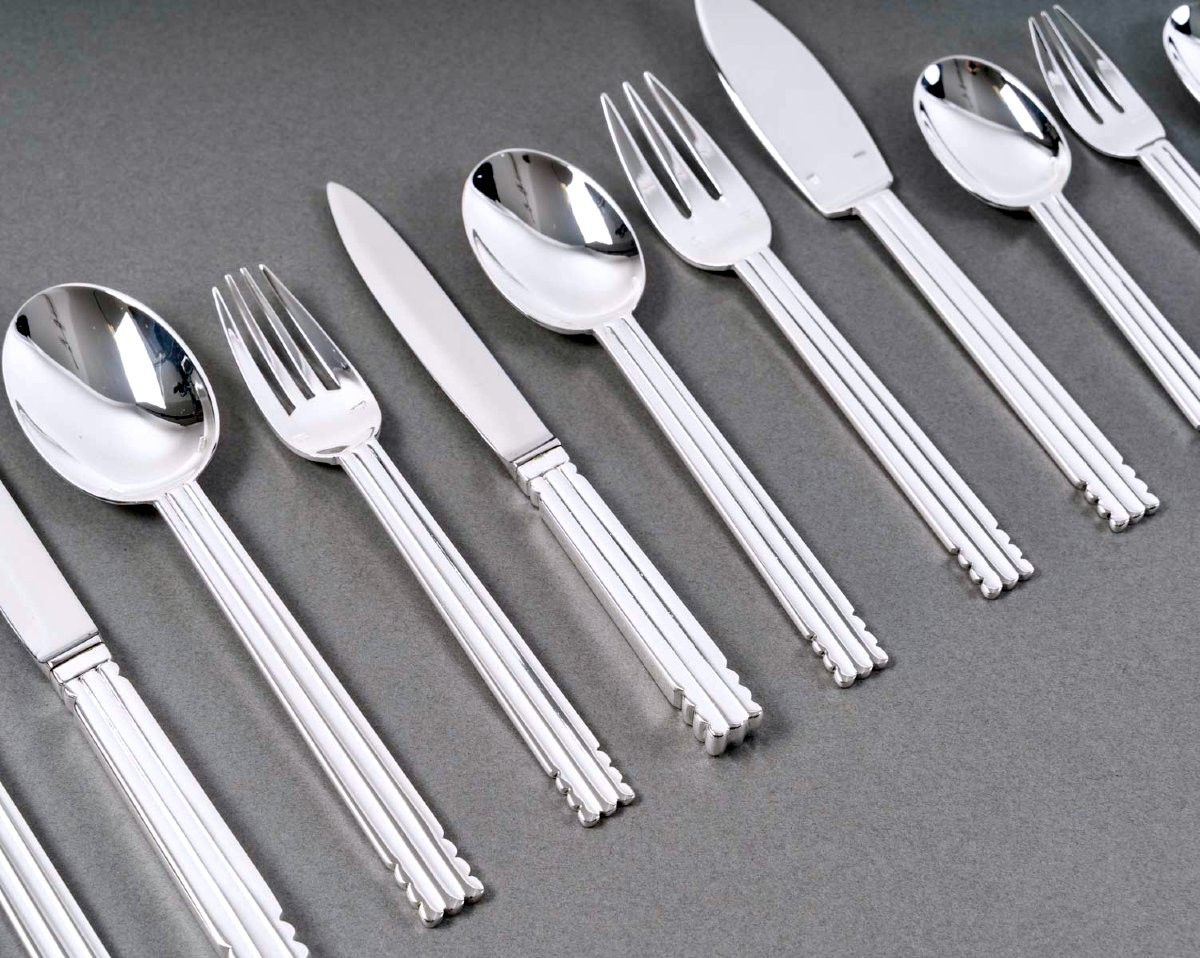 Puiforcat - Art Deco Cutlery Flatware Set Nantes Silver Metal - 98 Pieces-photo-4