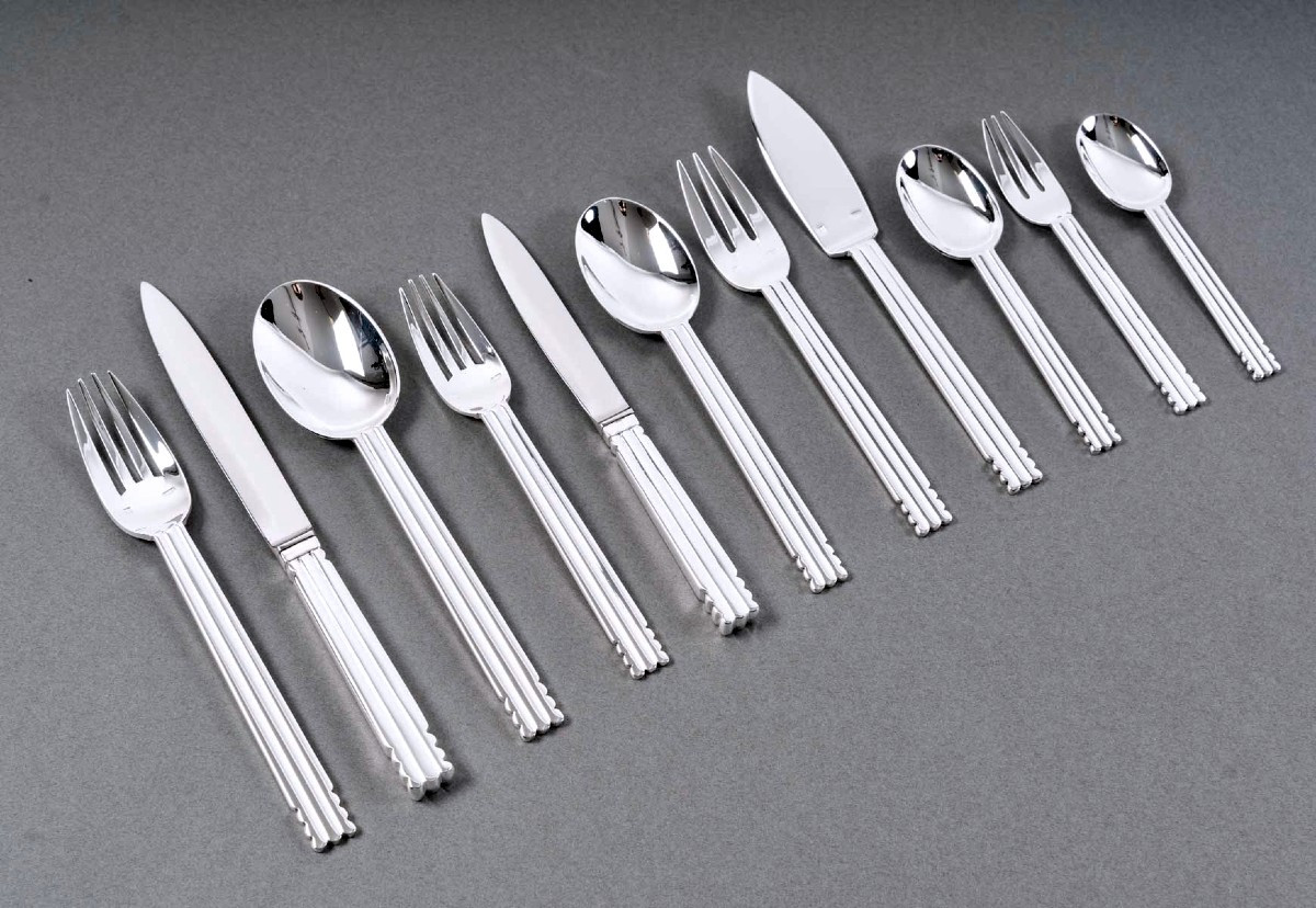 Puiforcat - Art Deco Cutlery Flatware Set Nantes Silver Metal - 98 Pieces