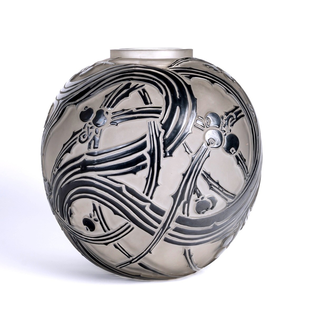1924 René Lalique - Vase Baies Berries Glass With Black Enamel