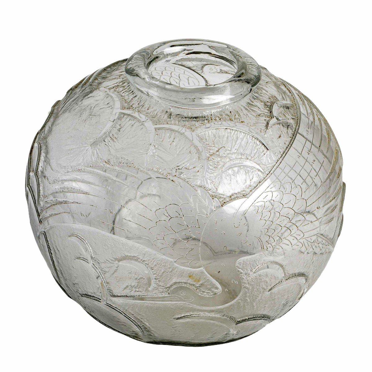 1925 Daum - Vase "A la Cigogne" Boule Verre Dégagé à l'Acide-photo-2