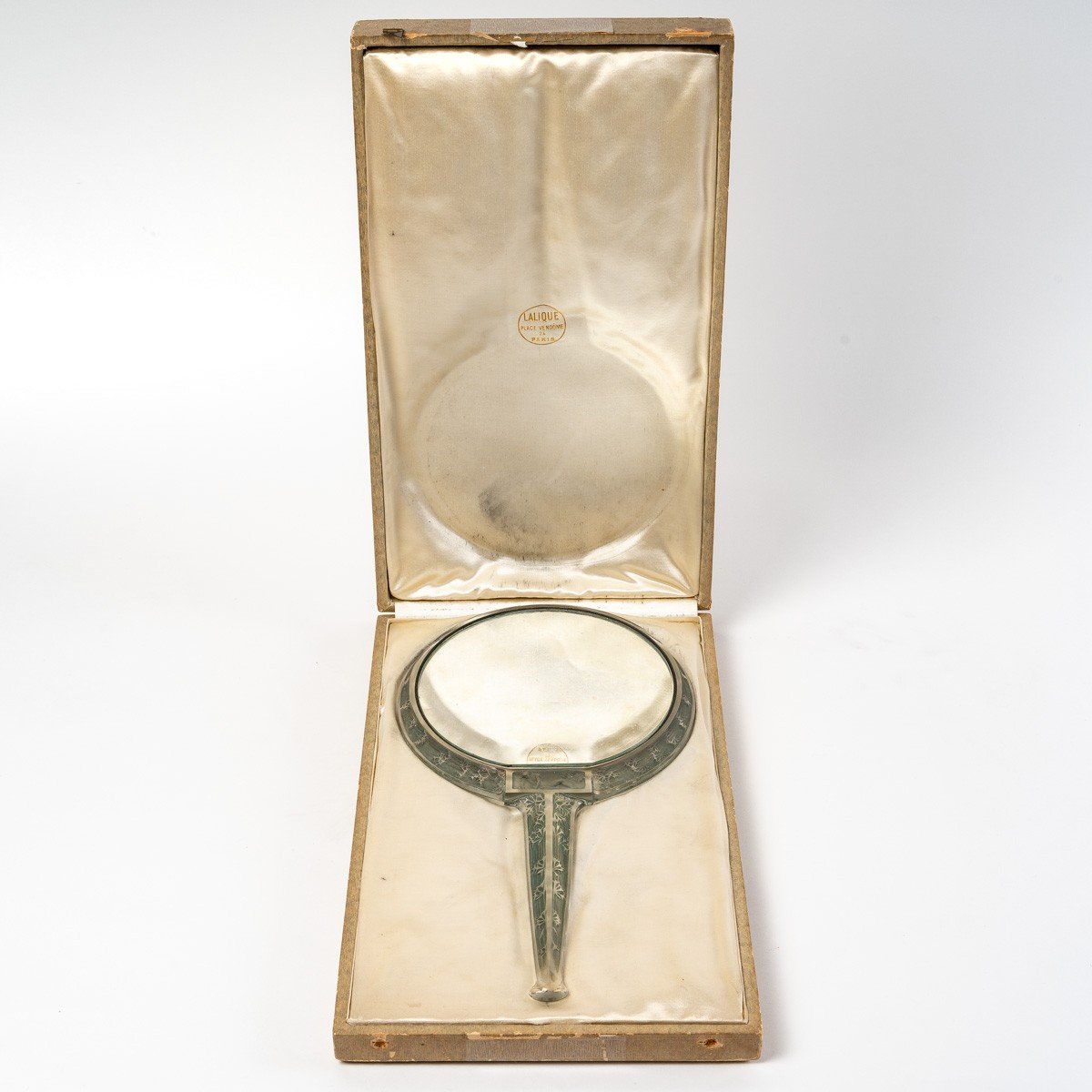 1912 René Lalique - Mirror Narcisse Clear Glass With Blue Green Patina + Box-photo-2