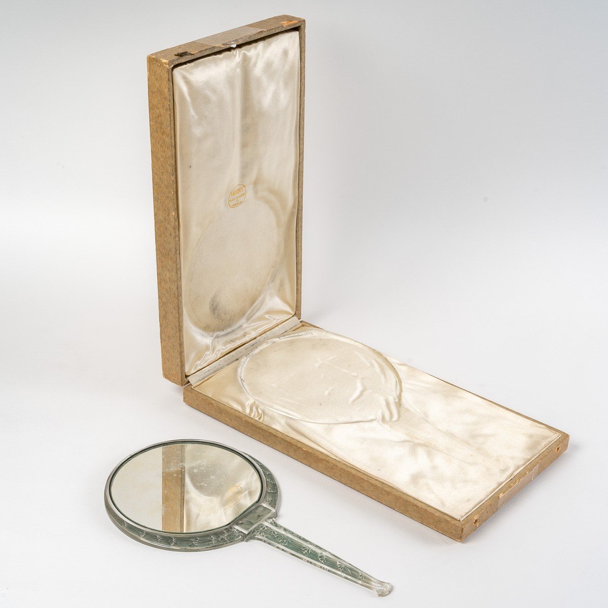 1912 René Lalique - Mirror Narcisse Clear Glass With Blue Green Patina + Box-photo-4