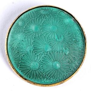 1920 René Lalique - Brooch Marguerites Frosted Glass On Green Foil With Grey Patina