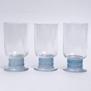 1930 René Lalique - Set Of Three Glasses Chinon Glass With Blue Patina