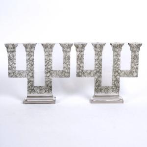 1924 René Lalique - Pair Of Candelabras Candlesticks Sorbier Glass With Grey Green Patina 