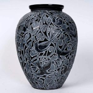 1923 René Lalique - Vase Martin Pêcheurs Verre Noir Patiné Blanc 