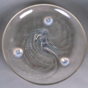 1920 René Lalique - Bowl Trepied Sirene Mermaid Opalescent Glass With Blue Patina