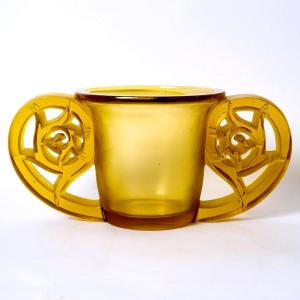 1926 René Lalique - Vase Art Deco Pierrefonds Yellow Amber Glass