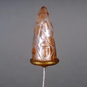 1912 René Lalique - Epingle à Chapeau Feuilles Verre Blanc Patiné Sépia