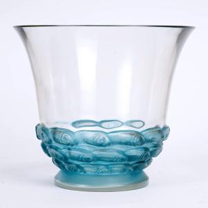 1930 René Lalique - Vase Monaco Verre Blanc Patiné Bleu