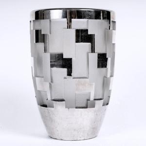 1930 Jean Luce - Vase Art Deco Moderniste Verre Blanc Emaillé Argent