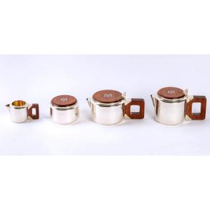 1930 Jean E. Puiforcat - Tea And Coffee Egoiste Set In Sterling Silver And Rosewood