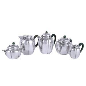 1922 Jean E. Puiforcat - Art Nouveau Tea And Coffee Set In Sterling Silver And Nephrite