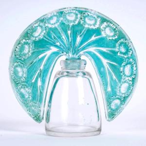 1913 René Lalique - Flacon Pâquerettes Verre Blanc Patiné Bleu Turquoise Pour Roger Et Gallet