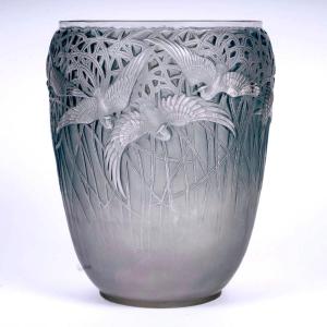 1926 René Lalique - Vase Aigrettes Verre Blanc Patiné Bleu