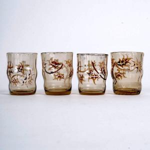 Emile Gallé - 4 Verres Gobelets Saké Liqueur Verre Emaillé Aux Chardons