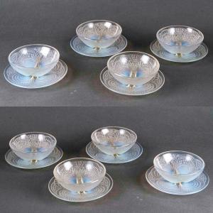 1924 René Lalique - Service Coquilles 8 Bols Coupes Et 8 Assiettes Verre Opalescent