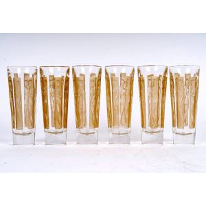 1911 René Lalique - Set Of 6 Tumblers Glasses Six Figurines Glass With Sepia Patina