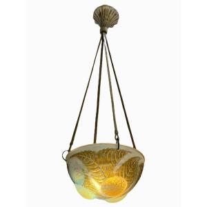 1921 René Lalique - Suspension Dahlias Verre Opalescent Patiné Sépia