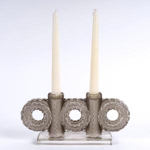 1944 René Lalique - Art Deco Candlestick Cluny Glass With Grey Patina