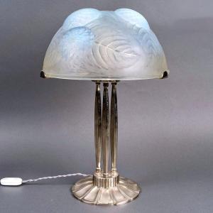 1921 René Lalique - Lampe Dahlias Verre Opalescent Et Bronze Nickelé