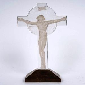 1932 René Lalique - Statuette Crucifix Christ Verre Blanc Patiné Gris