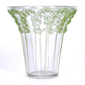 1939 René Lalique - Vase Muguet Verre Blanc Patiné Vert