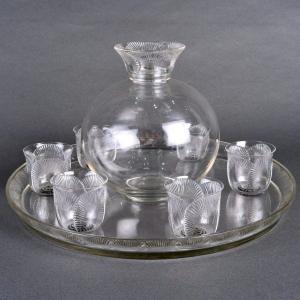 1922 René Lalique - Service Coquelicot Verre Blanc - 6 Verres, 1 Carafe, 1 Plateau