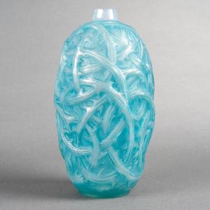 1921 René Lalique - Vase Ronces Verre Opalescent Patiné Bleu