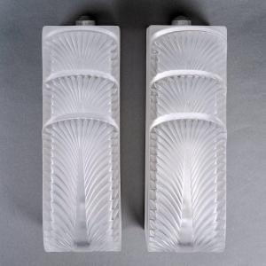 1935 René Lalique - Pair Of Art Deco Sconces Wall Lights Languedoc Glass