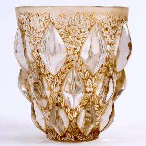 1927 René Lalique - Vase Rampillon Verre Blanc Patiné Sépia