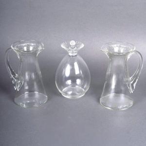 1932 René Lalique - 2 Brocs Et 1 Carafe Art Déco Fleur Verre Blanc 