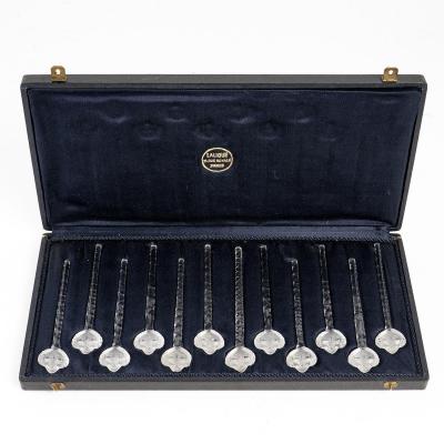 1932 René Lalique - Suite De 12 Fouets à Champagne Barr Verre Blanc En Coffret