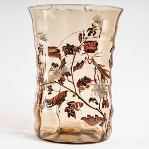 Emile Gallé - Vase Cristallerie Smoked Glass Praying Mantis Among Foliages