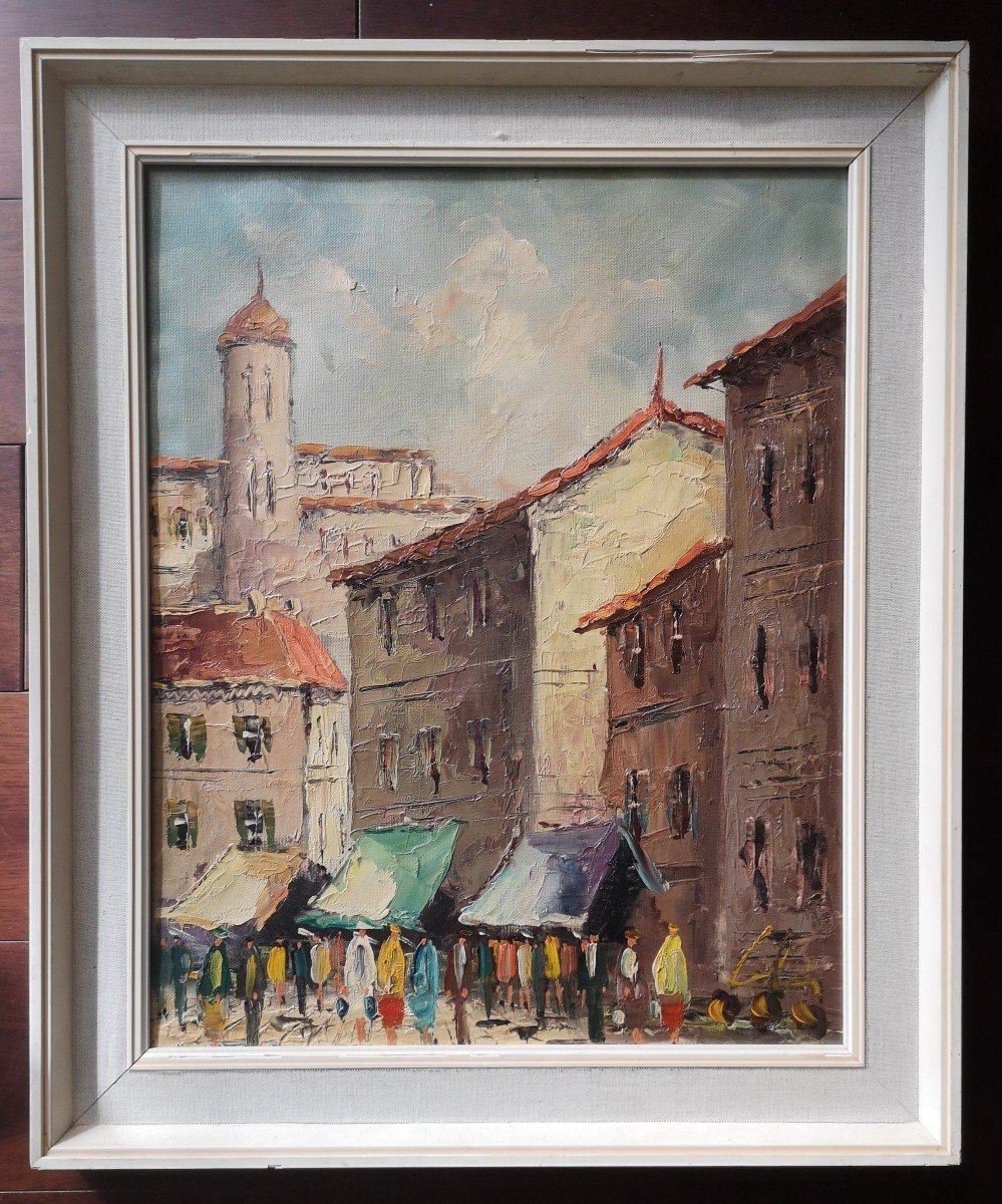 Village In Provence, Market, Hst Sbd With Frame 50 X 60 1950