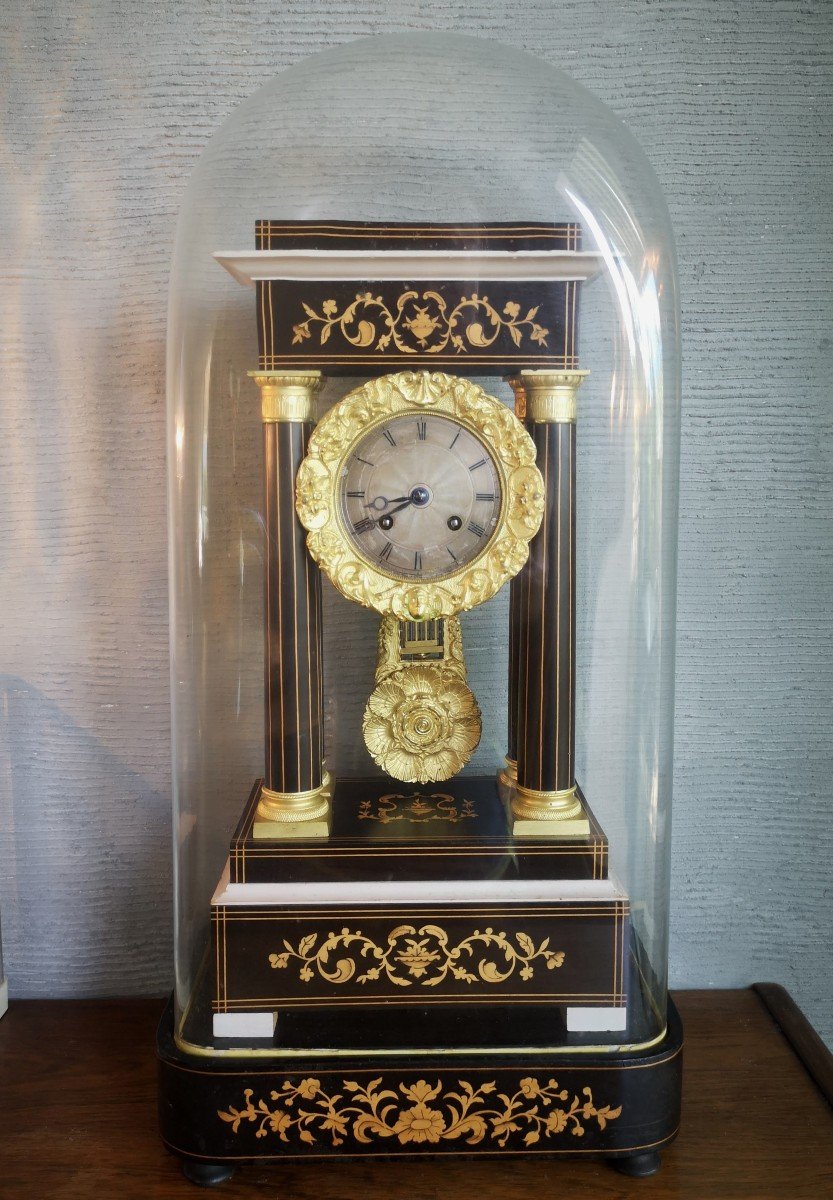 Pendule Horloge A Portique Charles X En Marqueterie Sous Globe d'Origine-photo-2