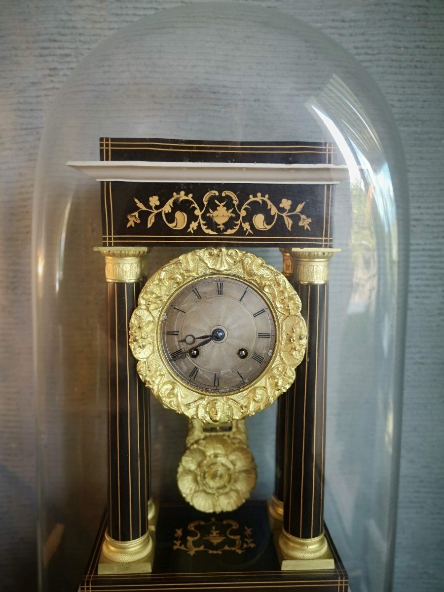 Pendule Horloge A Portique Charles X En Marqueterie Sous Globe d'Origine-photo-3