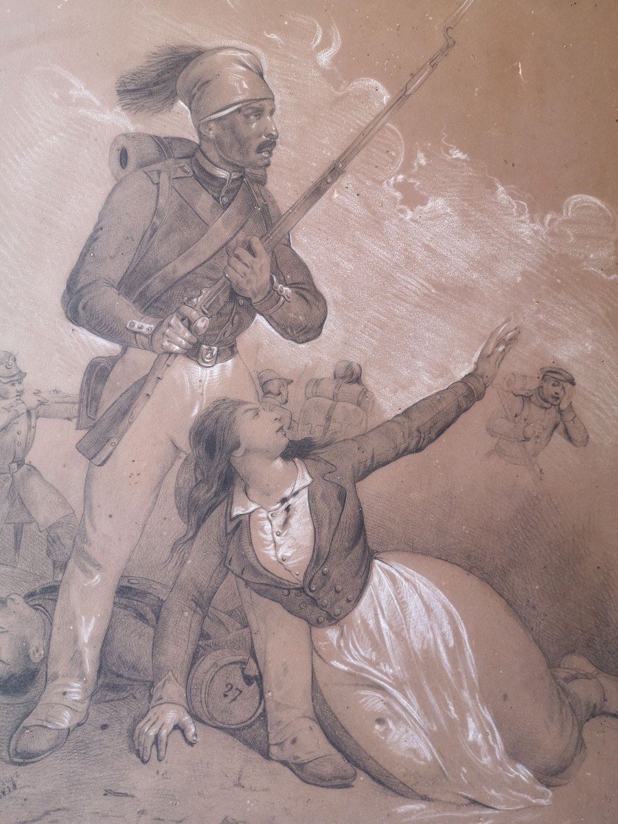 XIX Cochinchina Campaign Charcoal Drawing Militaria Signed Lacroix 1858-photo-3