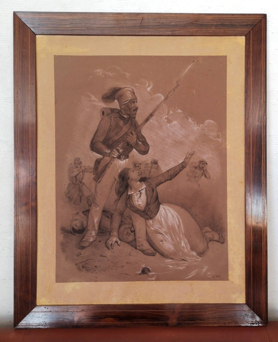 XIX Cochinchina Campaign Charcoal Drawing Militaria Signed Lacroix 1858