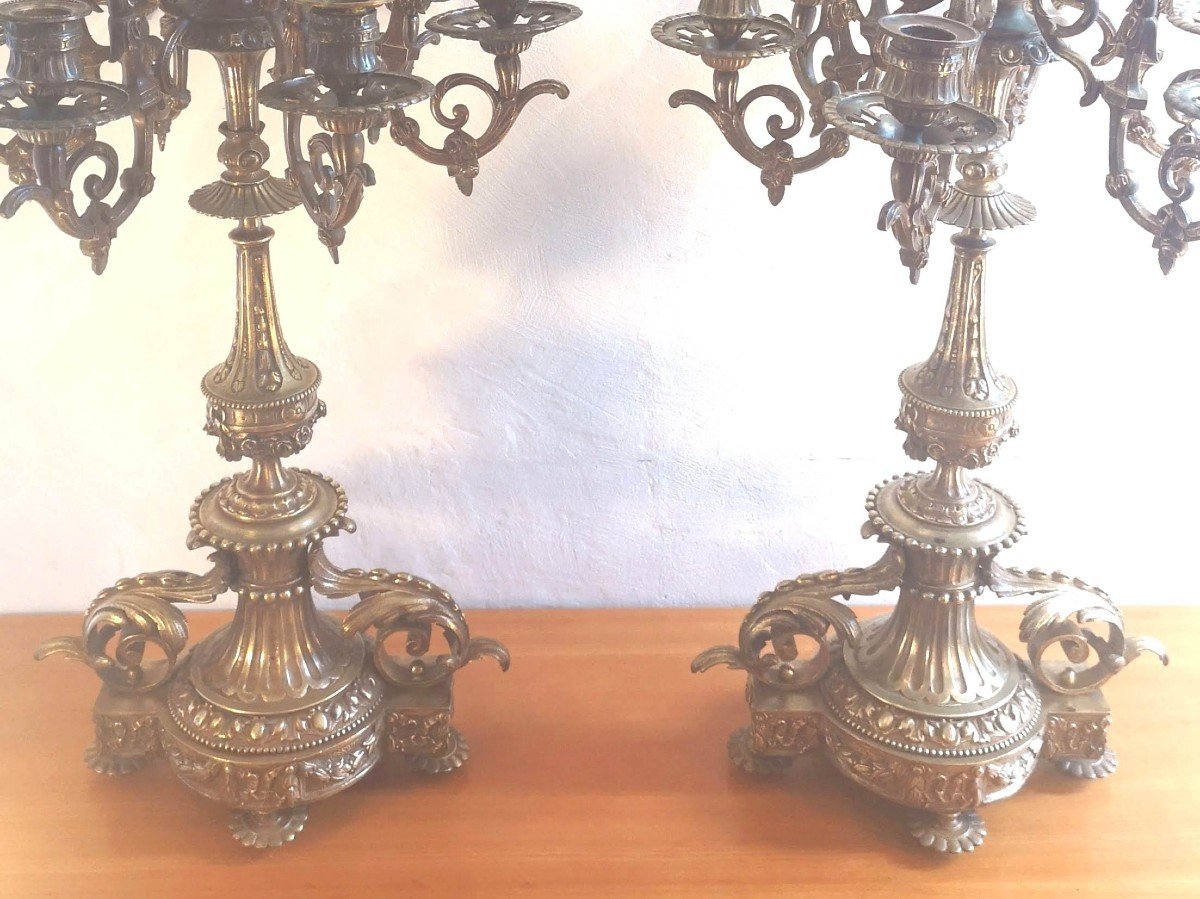 Pair Of 7-light Candelabra, Gilded Bronze, Louis XVI Style, Napoleon III Period-photo-2