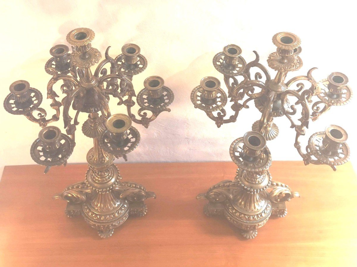 Pair Of 7-light Candelabra, Gilded Bronze, Louis XVI Style, Napoleon III Period-photo-4