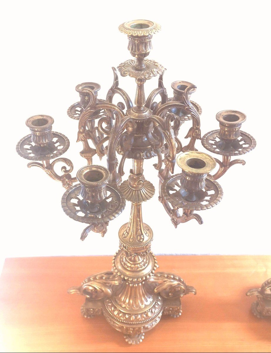 Pair Of 7-light Candelabra, Gilded Bronze, Louis XVI Style, Napoleon III Period-photo-1