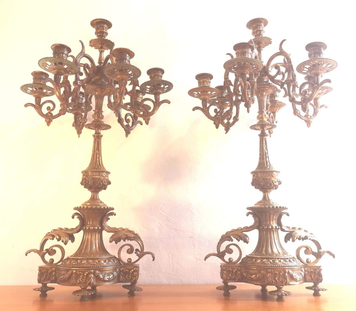 Pair Of 7-light Candelabra, Gilded Bronze, Louis XVI Style, Napoleon III Period-photo-2