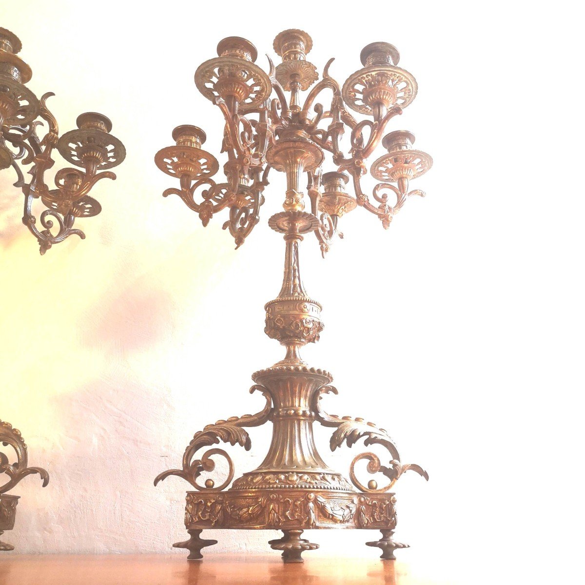 Pair Of 7-light Candelabra, Gilded Bronze, Louis XVI Style, Napoleon III Period-photo-4